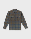 Billabong flannel shirt in blue brown plaid with dual chest pockets and buttons