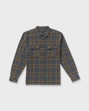 Billabong flannel shirt in blue brown plaid with dual chest pockets and buttons