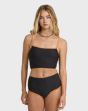 Black ribbed bikini tank top with orange trim straps, paired with matching high-waist bottoms