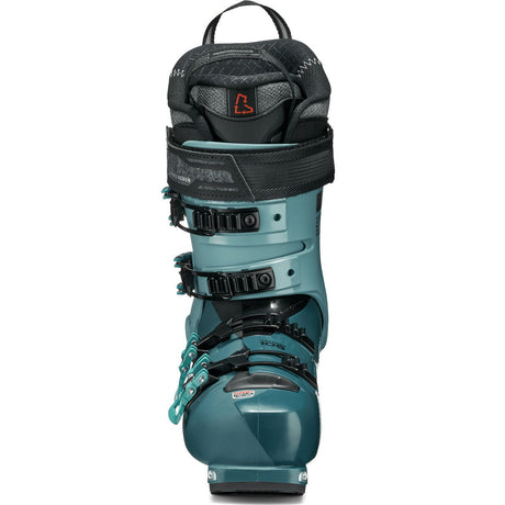 Women's alpine ski boot with four buckles, power strap, and walk mode feature