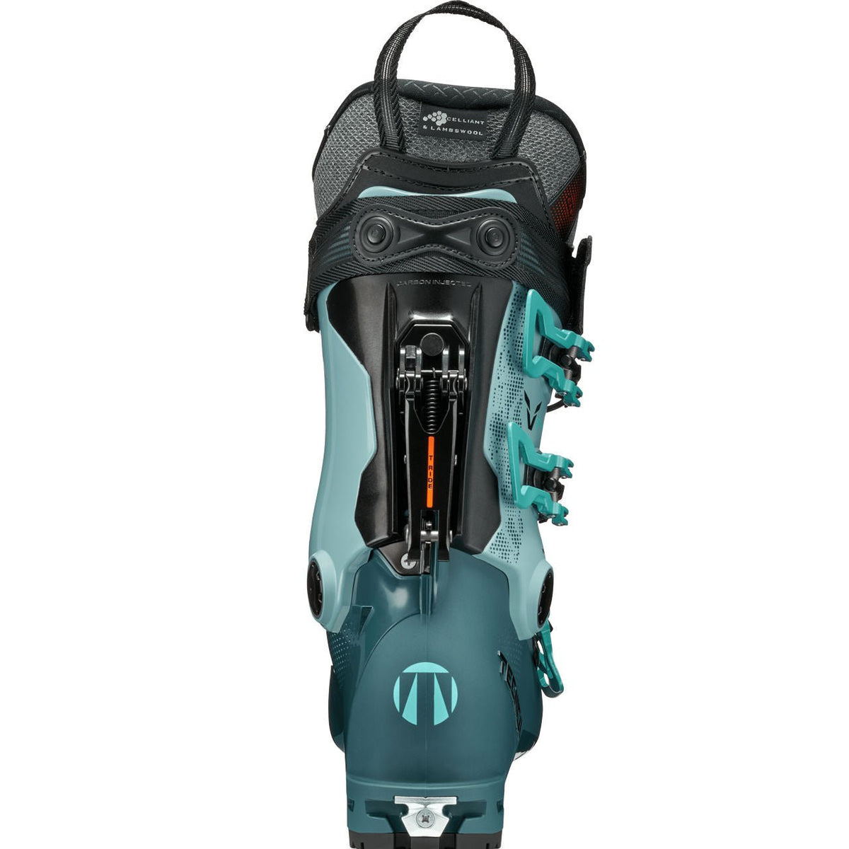 Tecnica women's alpine ski boot with four buckles shown from front angle