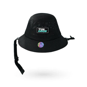 Black perforated bucket hat with Foil Drive logo patch and chin strap