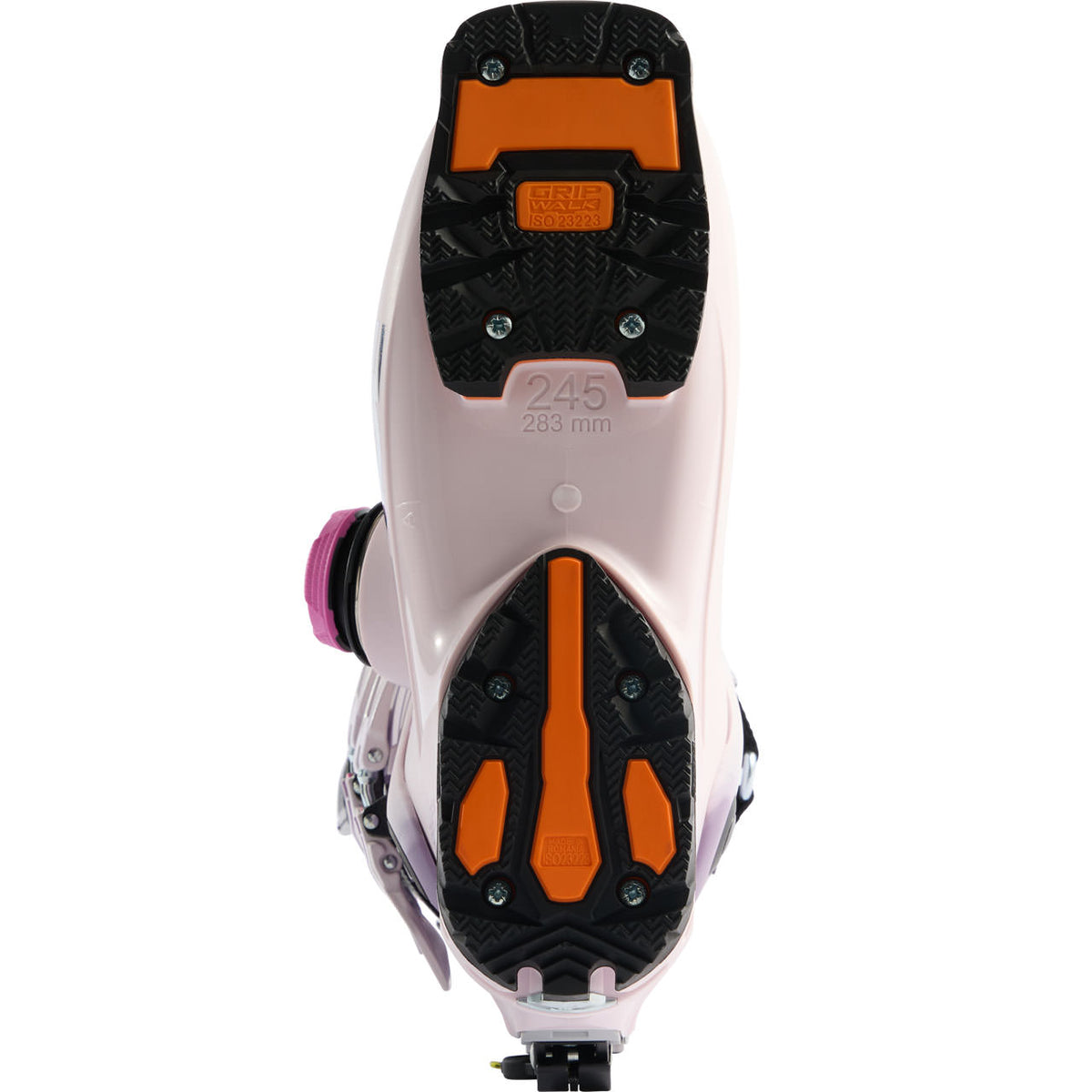 Lange women's ski boot shown from sole view with GripWalk rubber outsole and orange inserts