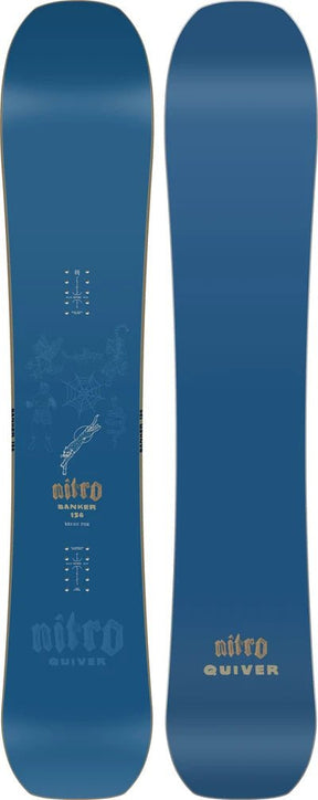 Nitro Quiver Banker 156 snowboard in blue with gold graphics, top and base views