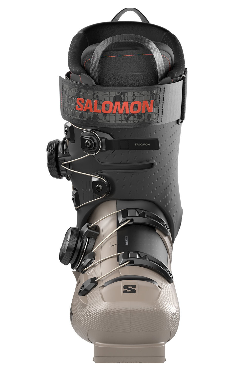 Salomon alpine ski boot with dual BOA closure system, tan lower shell and black upper cuff