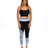 Black and blue floral print neoprene leggings with light blue waistband on female model