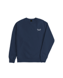 Navy blue crewneck sweatshirt with small white crossed lightning bolt logo on chest