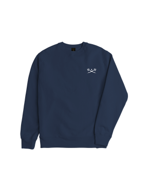 Navy blue crewneck sweatshirt with small white crossed lightning bolt logo on chest