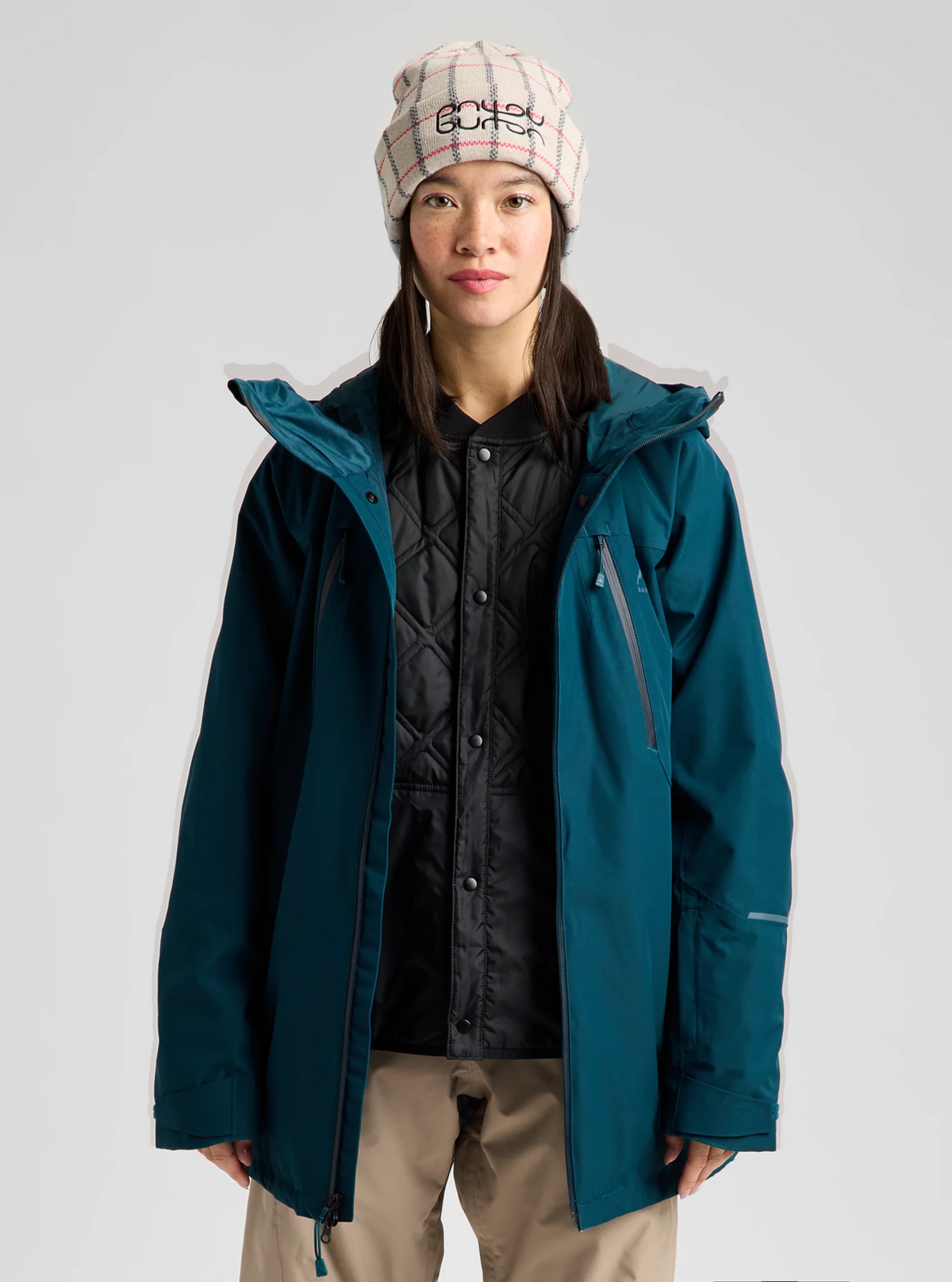 Burton women's 3-in-1 snow jacket with quilted liner vest and hood, worn open