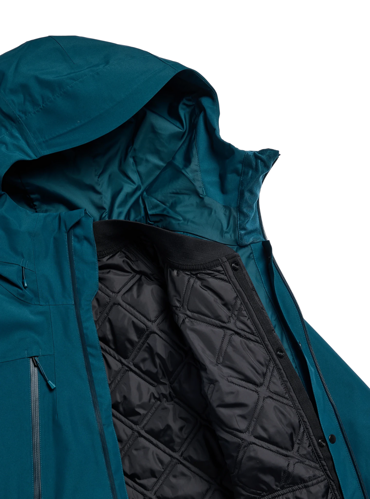 Women's 3-in-1 hooded ski jacket with quilted black inner layer shown open