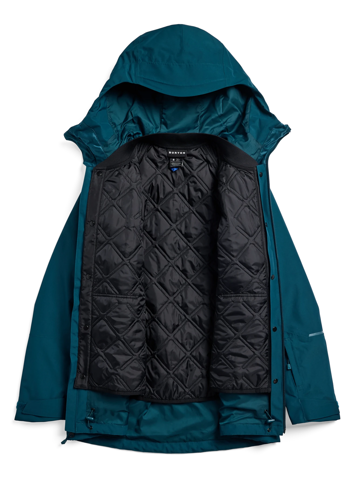 Burton women's 3-in-1 hooded jacket shown open revealing quilted black inner liner