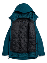 Burton women's 3-in-1 hooded jacket shown open revealing quilted black inner liner