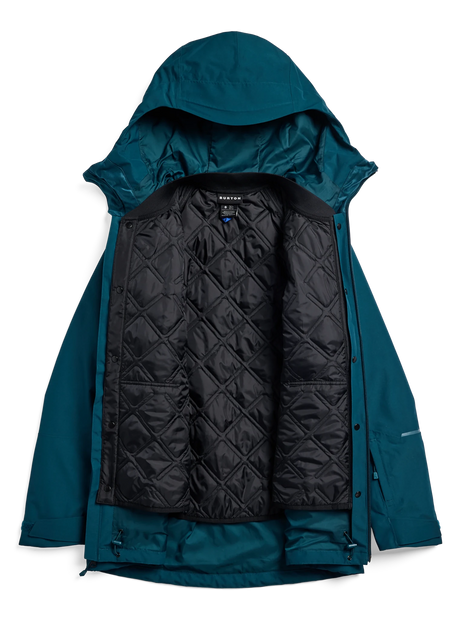 Burton women's 3-in-1 hooded jacket shown open revealing quilted black inner liner