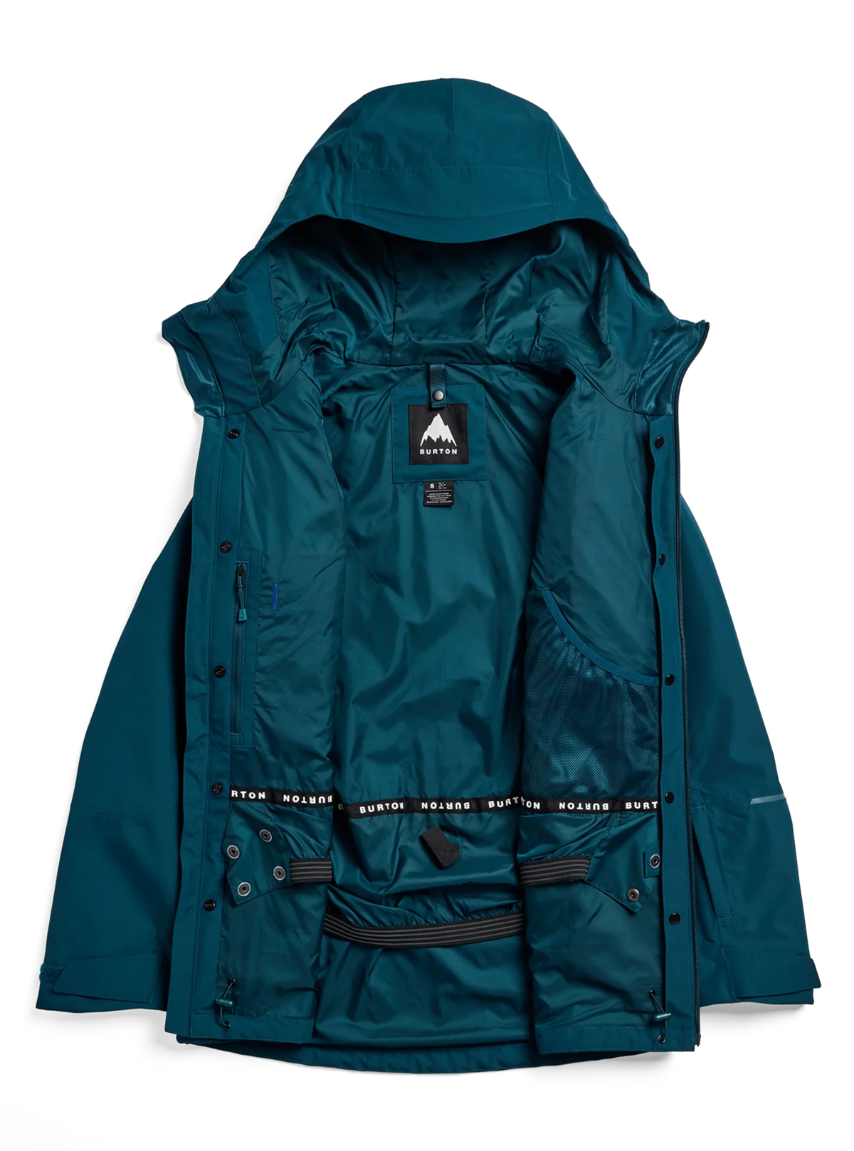 Burton women's 3-in-1 hooded snowboard jacket shown open displaying inner lining and waist gaiter