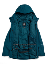 Burton women's 3-in-1 hooded snowboard jacket shown open displaying inner lining and waist gaiter