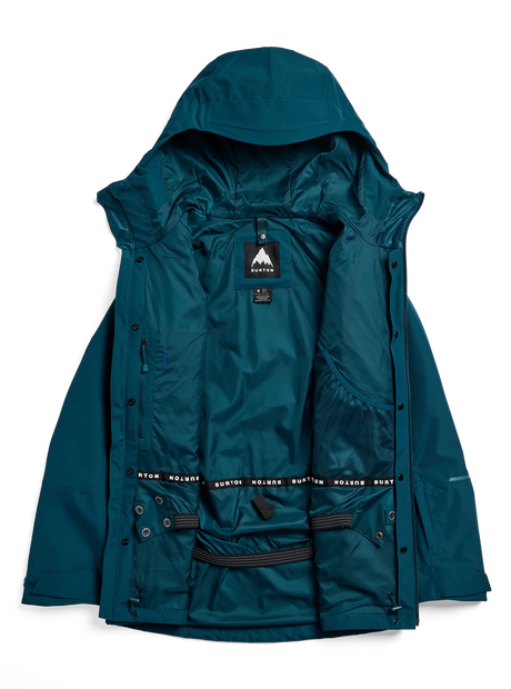 Burton women's 3-in-1 hooded snowboard jacket shown open displaying inner lining and waist gaiter
