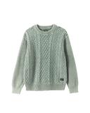 Sage green cable-knit crewneck sweater with ribbed cuffs and hem