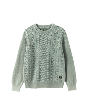 Sage green cable-knit crewneck sweater with ribbed cuffs and hem