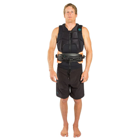 Man wearing black impact vest and harness, ideal for water sports safety gear