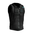 Black impact vest with front zipper, padded panels, and small blue chest logo on white background.