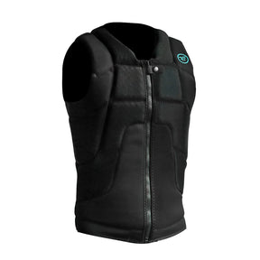 Black impact vest with front zipper, padded panels, and small blue chest logo on white background.