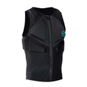 Black zip-up impact vest with geometric paneling, sleeveless design, and chest logo