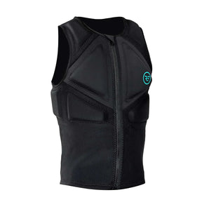 Black zip-up impact vest with geometric paneling, sleeveless design, and chest logo