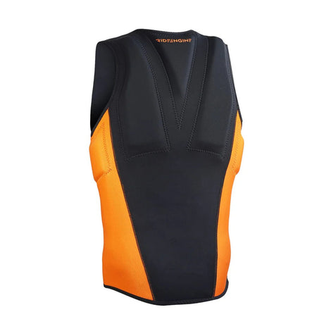 Black and orange wakeboard impact vest with padded back, shown from the rear.