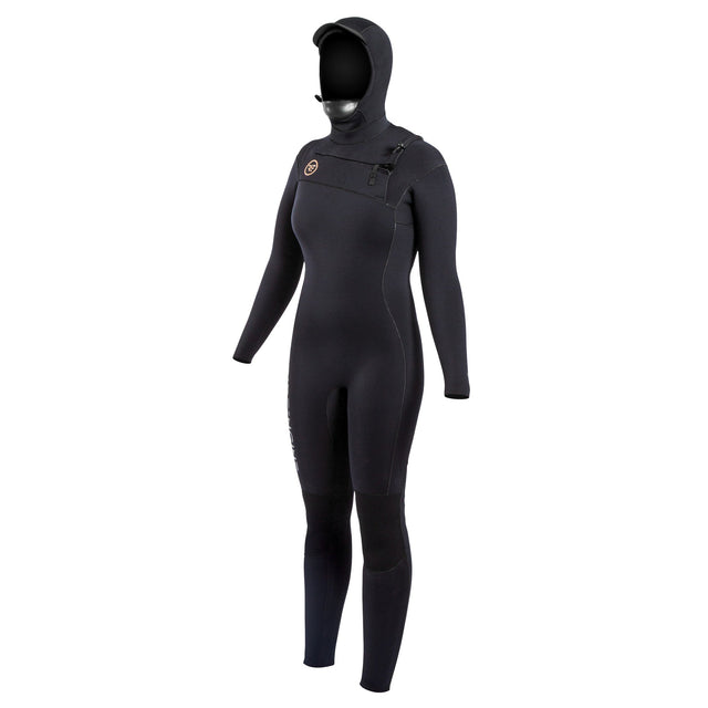 Women's hooded chest zip full wetsuit with integrated hood and knee reinforcement panels