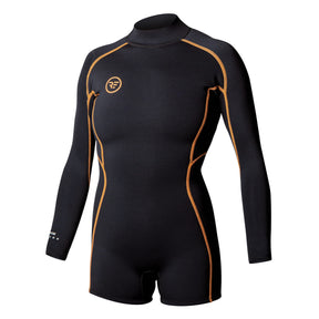 Women's black neoprene long sleeve springsuit with orange contrast stitching and logo