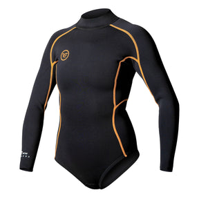 Women's black neoprene long sleeve springsuit with orange contrast stitching and logo