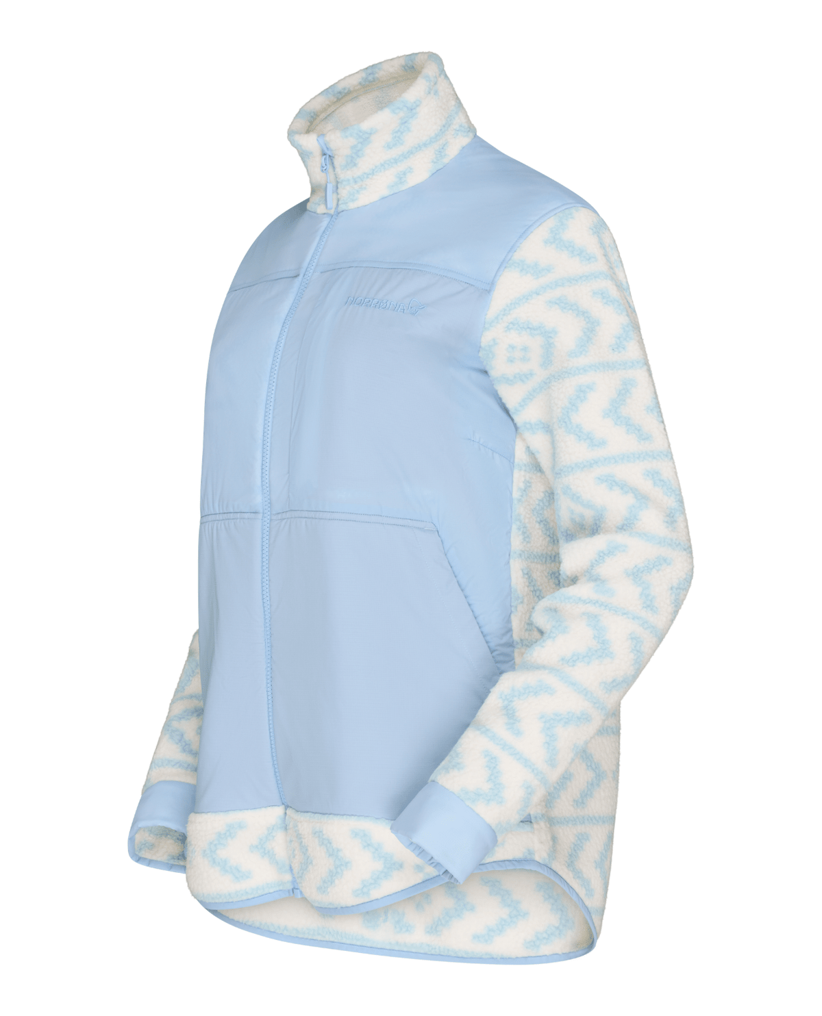 Norrona women's hybrid fleece jacket with patterned sleeves and smooth front panels
