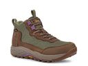Green and brown hiking boot with Vibram sole and purple lace accents, outdoor footwear
