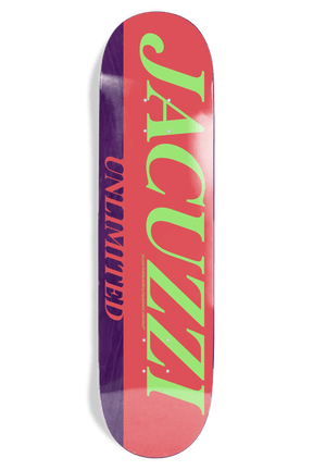 Jacuzzi Unlimited skateboard deck in red, purple, and neon green colorblock graphic