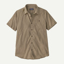 Patagonia men's tan short-sleeve button-front shirt with chest pocket and shirttail hem