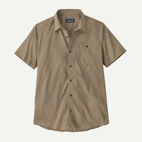 Patagonia men's tan short-sleeve button-front shirt with chest pocket and shirttail hem