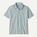 Patagonia Men's Daily Polo in light aqua blue with thin white horizontal stripes and chest pocket