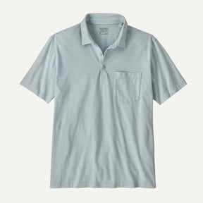 Patagonia Men's Daily Polo in light aqua blue with thin white horizontal stripes and chest pocket
