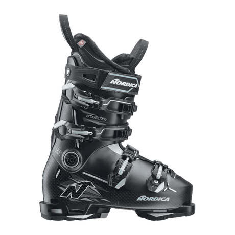 Nordica Promachine 95 women's ski boot with four buckle closure system on white background.