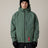 686 men's shell jacket with hood, front zip closure, and glove cuffs on model