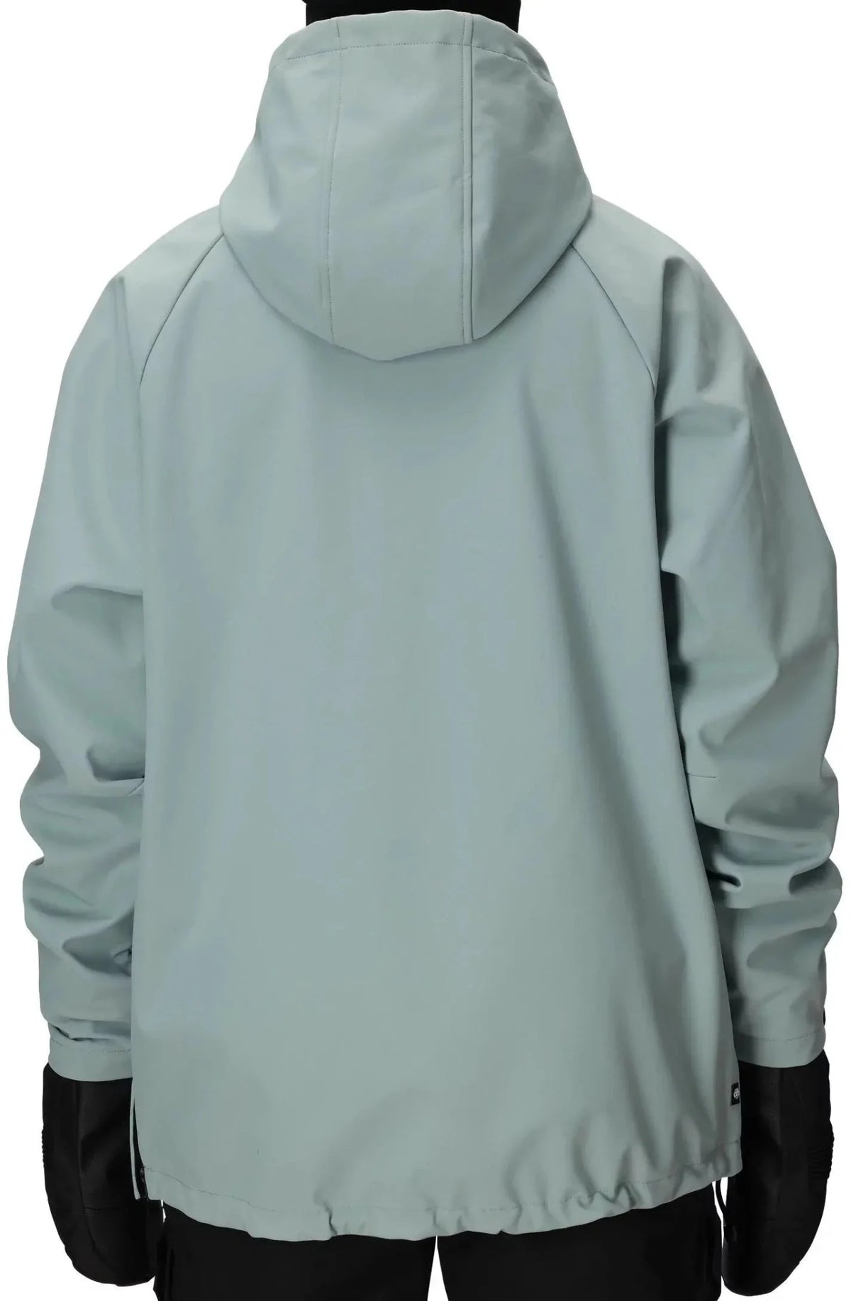 686 women's waterproof hooded jacket shown from the back with black cuffs and hem detail