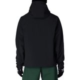 686 men's pullover hoody shown from rear with hood up and green snow pants