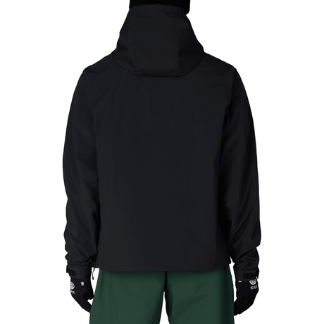 686 men's pullover hoody shown from rear with hood up and green snow pants