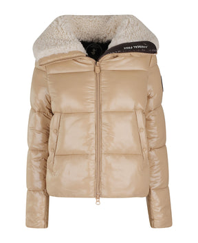 Save the Duck Moma beige puffer jacket with cream sherpa collar and front zip