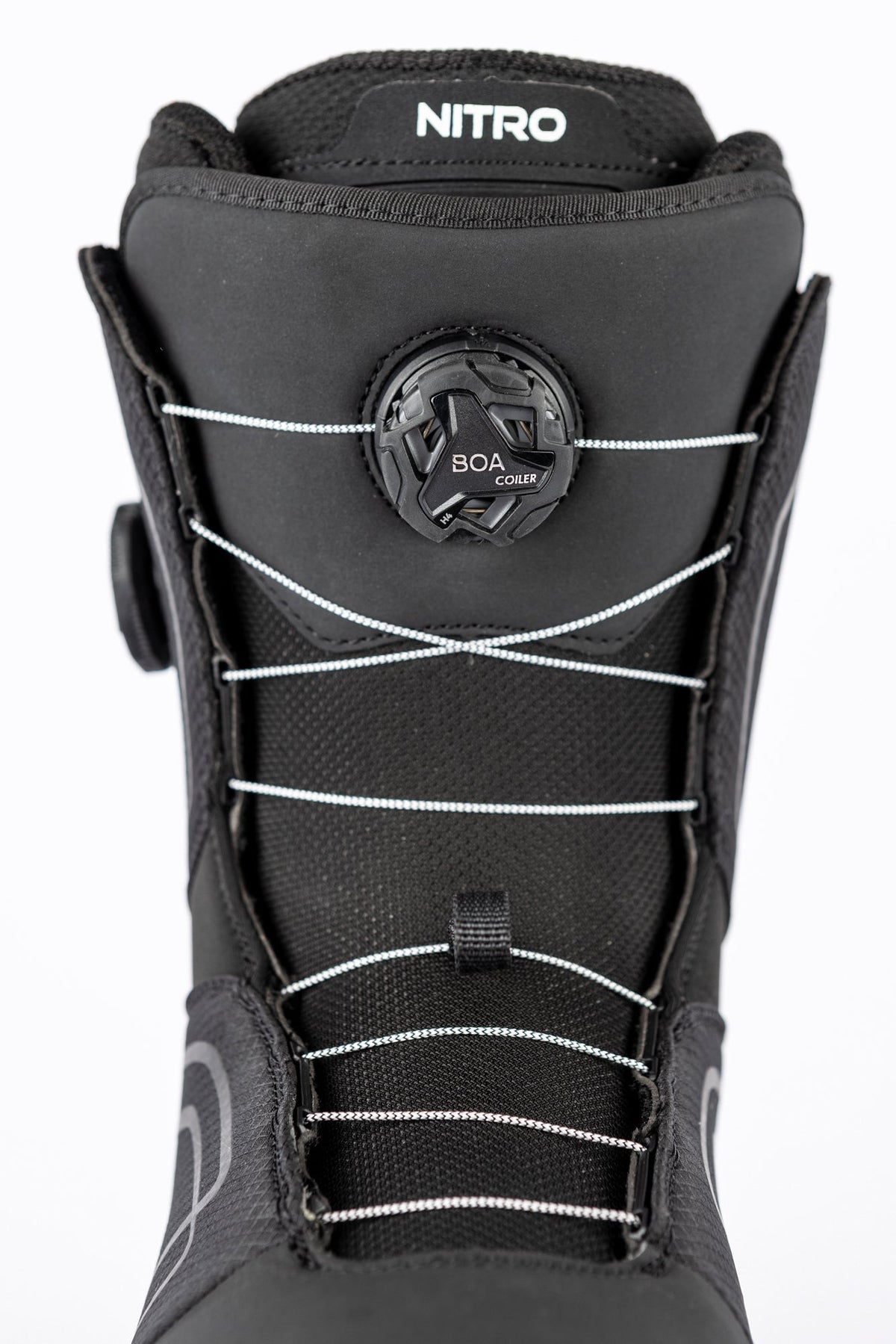 Nitro snowboard boot featuring BOA Coiler dial system and cross-lace closure