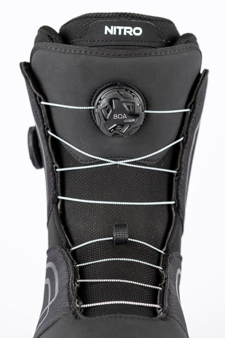 Nitro snowboard boot featuring BOA Coiler dial system and cross-lace closure