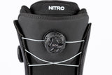 Nitro snowboard boot close-up showing BOA Coiler lacing system on upper cuff