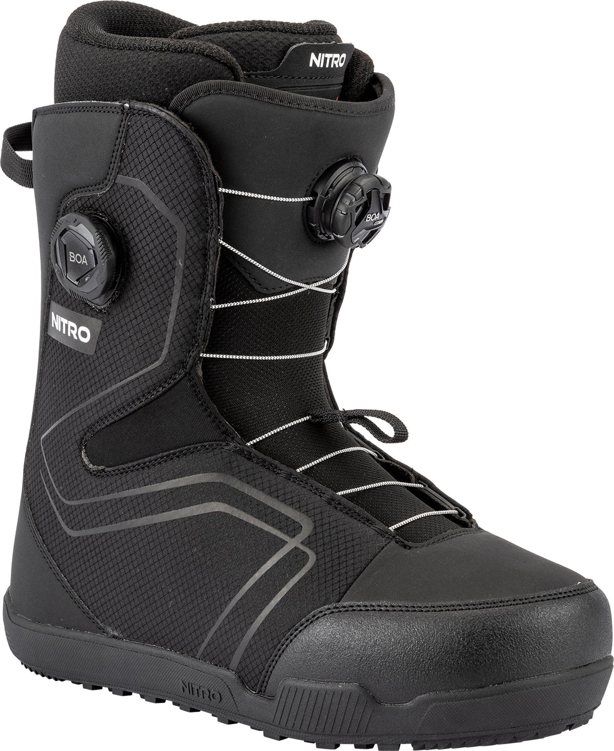 Nitro men's snowboard boot featuring dual BOA closure system and reinforced toe cap