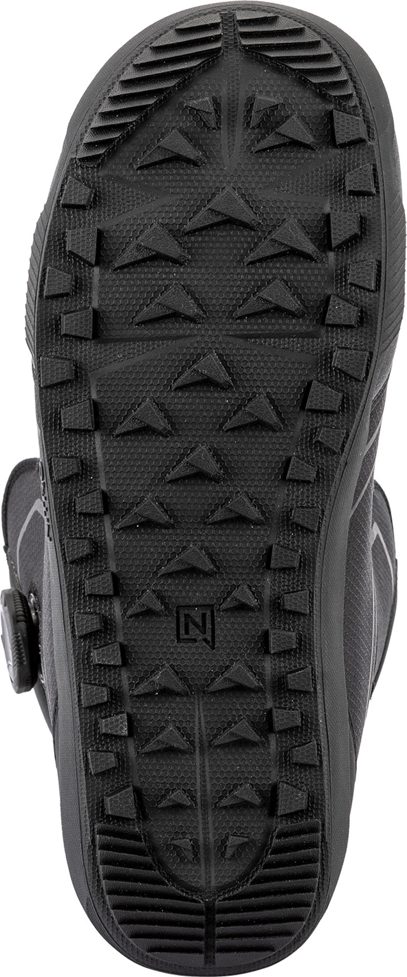 Bottom sole view of Nitro snowboard boot with aggressive triangular lug tread pattern