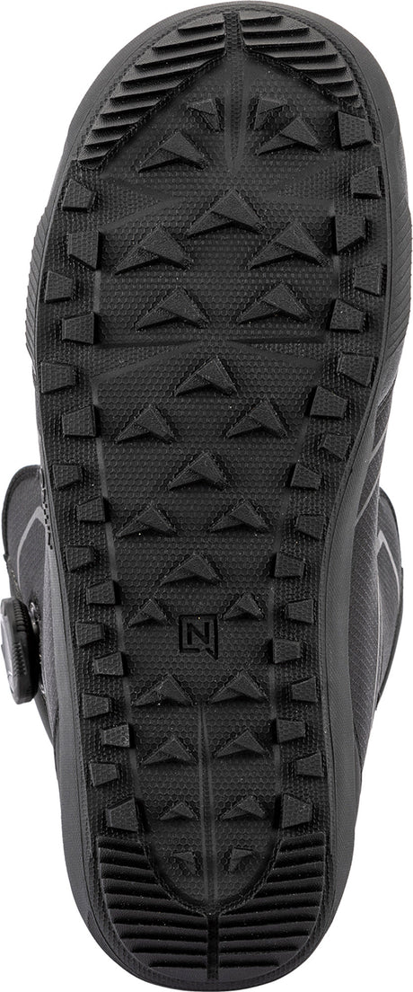 Bottom sole view of Nitro snowboard boot with aggressive triangular lug tread pattern